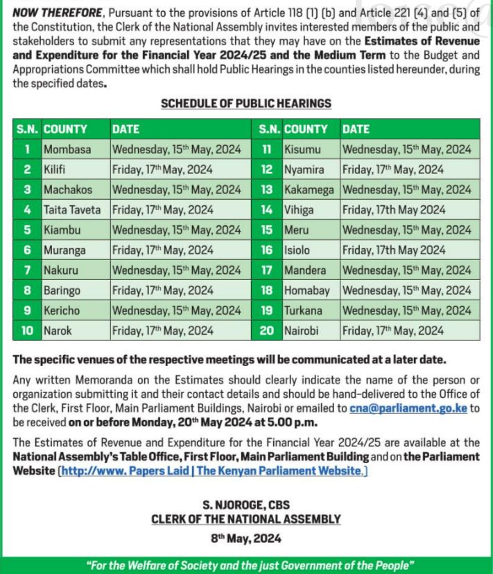Starting tomorrow through Friday,the National Assembly will hold public participation forums across 20 counties. Turn up and ask MPs to make decisions informed by what you want. NB: Ask your MP for the exact venues of the meeting because none has been publicly shared.