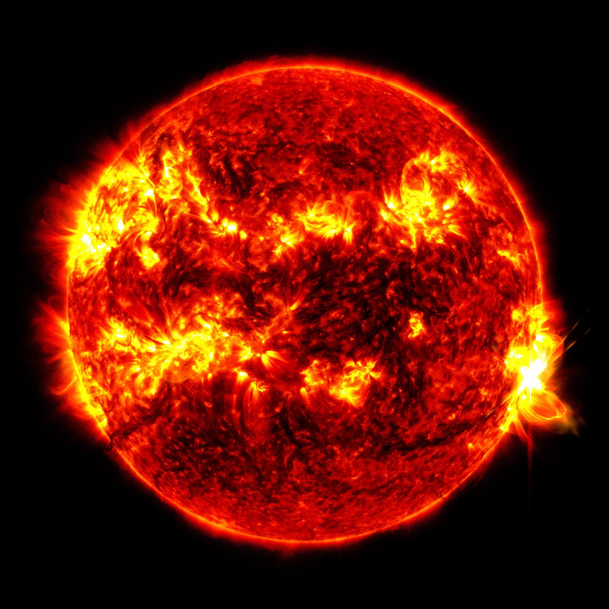 The Sun emitted a strong solar flare on May 14, 2024, peaking at 12:51pm ET. NASA’s Solar Dynamics Observatory captured an image of the event, which was classified as X8.7. go.nasa.gov/4aipKPf