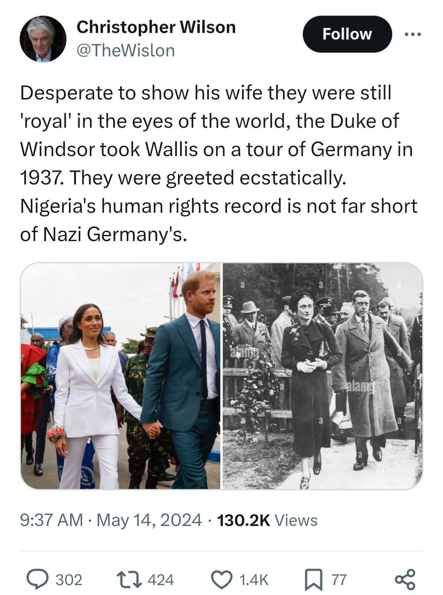 Deleted, but the internet is forever, @TheWislon. 
Blinded by your Harry and Meghan hate, you have the caucacity to suggest that the Sussexes are on a par with Nazi sympathisers and Nigeria is akin to Nazi Germany? 
Deranged. Totally. 

What an insult to Nigeria and the Sussexes.