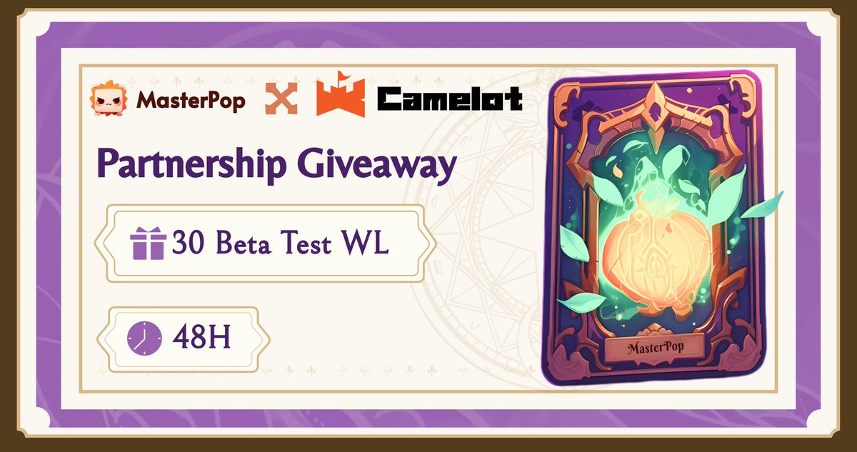 🏰@masterpopgame x Camelot Protocol Partnership Campaign 💰: 30 Beta Test WL (3000 cMPOP) ⏳: 48h To enter : 1.Follow @masterpopgame & @CamelotLayer3 2.RT & ❤️ 3.Join MasterPop Telegram t.me/masterpopgame & Camelot Telegram t.me/Camelot_Protoc… 4.Comment your METAMASK