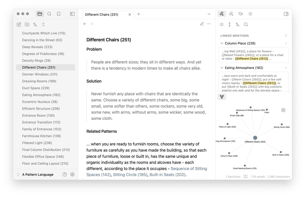 kepano's tweet image. A Pattern Language is one of my favorite books, and this abridged hypertext version by zenodotus280 is incredibly fun to explore with @obsdmd

The book explores humanism in design patterns at every scale from the layout of cities down to how you should choose chairs

zendotus280…