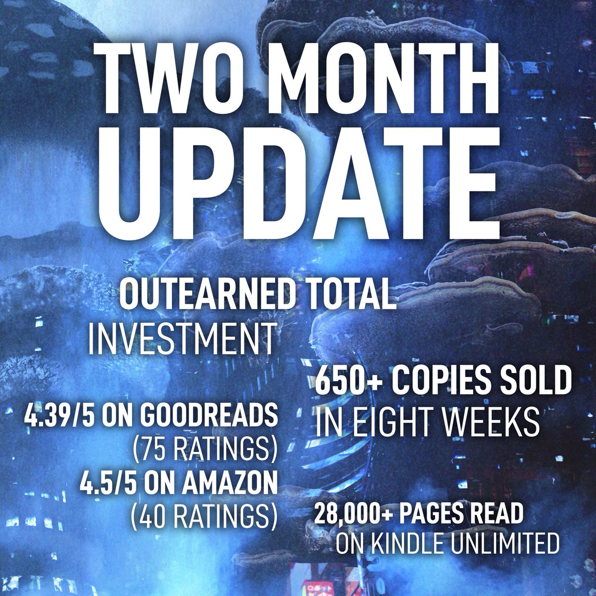 Month two for my debut novel #MushroomBlues keeps the spores flowing! I earned out my investment, sales have surpassed 650 copies, and positive reviews/ratings continue to accrue on Goodreads/Amazon. Thank you all so much for supporting this book. It means the world to me 🍄💙