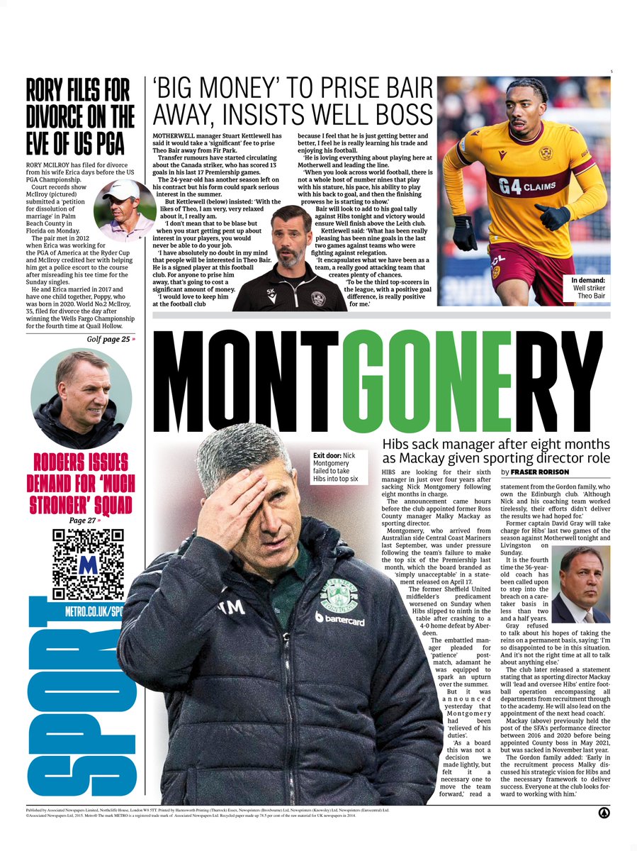 Wednesday's back page MONTGONERY Hibs sack manager after eight months as Mackay given sporting director role #TomorrowsPapersToday #scotpapers #skypapers #BBCPapers #scottishfootball
