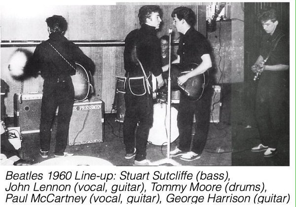 May14,1960 #SilverBeats (John Lennon, Paul McCartney, Stuart Sutcliffe, Tommy Moore, George Harrison) perform at Lathom Hall Liverpool. The only occasion as the Silver Beats; quickly changing back to The Silver Beetles the name stays with them for most of the Hamburg tour