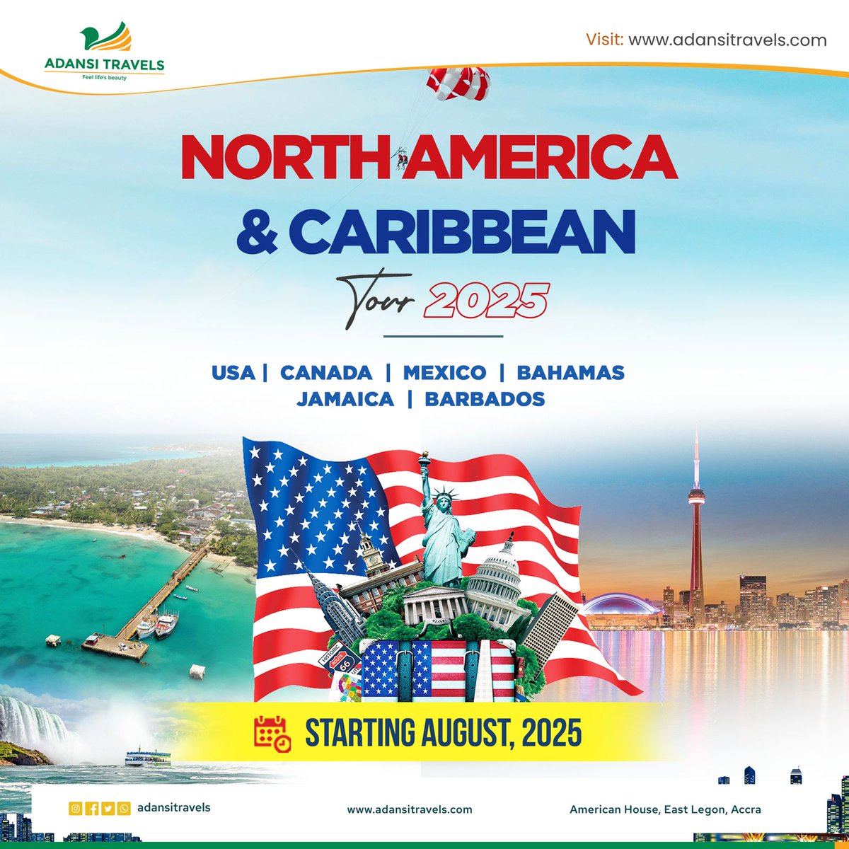 Imagine epic road trips through North America to unwinding on tropical islands in the Caribbean. Let's turn your imagination into a reality with our 2025 North America and Caribbean packages. Ready? ☎️ : 0595500817 #adansitravels #travel #USA #Canada #Europe #Barbados