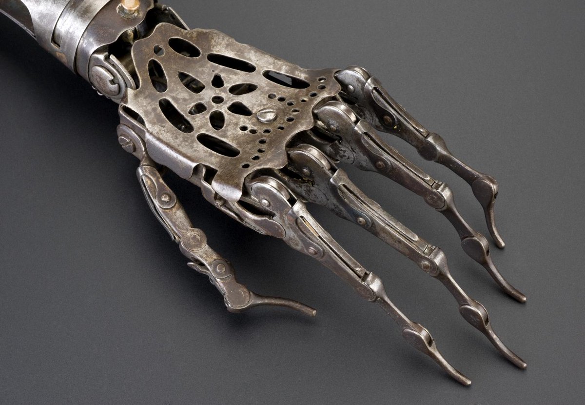 wikivictorian's tweet image. Steel with brass wrist mountings and leather top piece prosthetic arm, 1850-1910. Science Museum.
