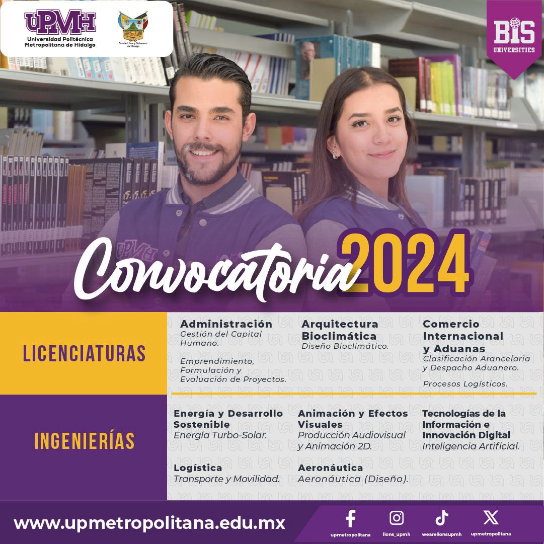 La @upmetropolitana te invita a ser parte de su manada. 🏫 Únete a una comunidad comprometida con la excelencia académica y el crecimiento profesional. 👩🏻‍💻 Regístrate antes del 26 de junio de 2024 en el siguiente enlace: upmetropolitana.edu.mx/assets/uploads… #UPMH #Convocatoria2024