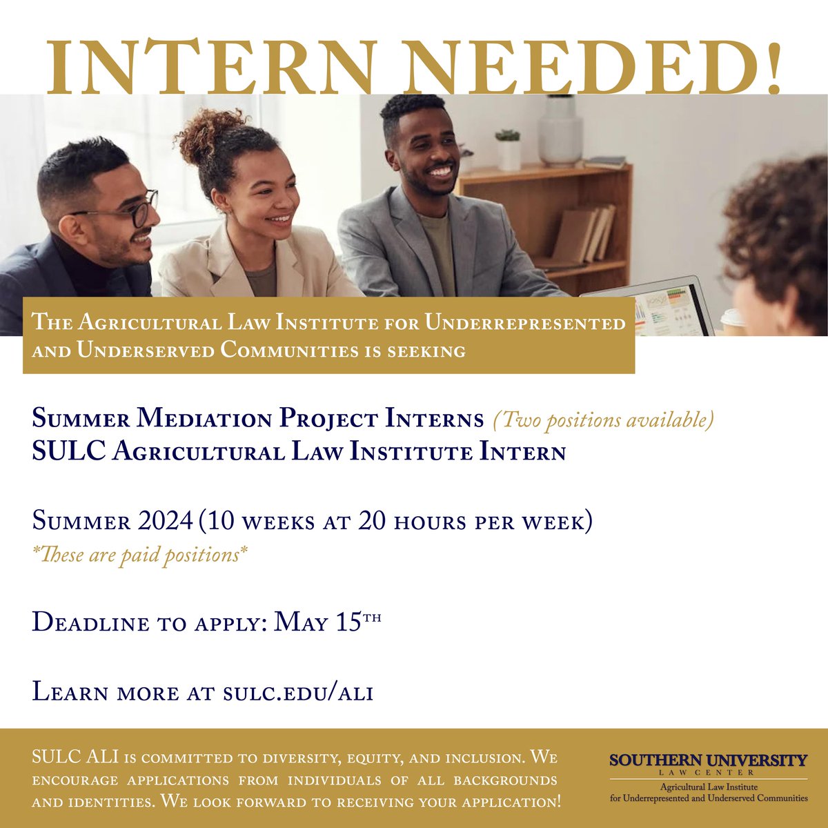 Interested in working with our Ag Law Institute? #SULC’s Agricultural Law Institute for Underrepresented and Underserved Communities is looking for two Summer Mediation Interns. Apply by May 15 for your chance to be considered. Visit sulc.edu/ali for details.