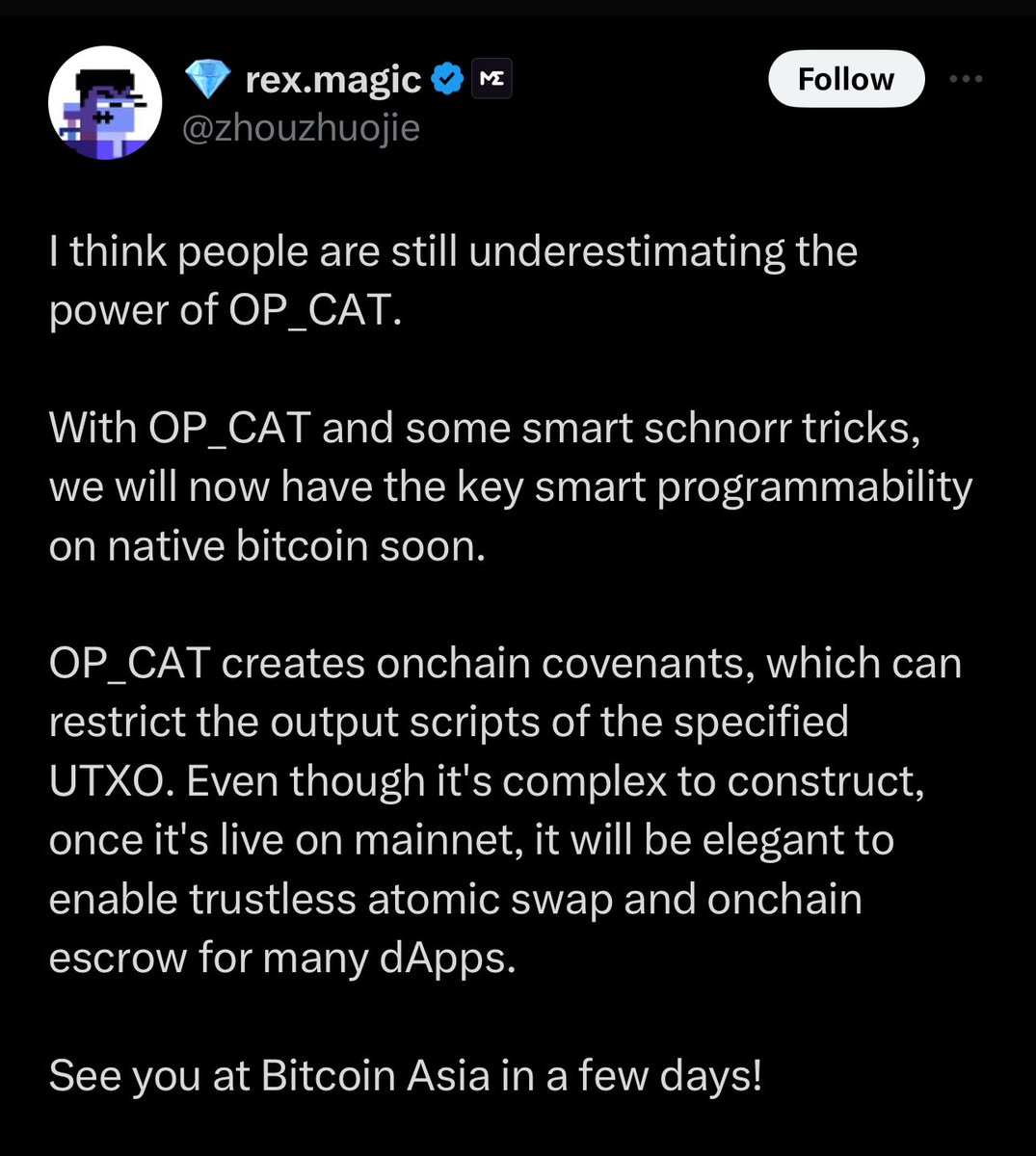 ordinalswallet's tweet image. This is important.

OP_CAT opens up Bitcoin programmability in a way that enables Ordinals to compete with Sol &amp;amp; Eth.

Some of the things it enables:
- On-chain order books
- Smart contracts
- AMM Swaps

Few: OP_CAT was part of the original design of Bitcoin. This is just a…