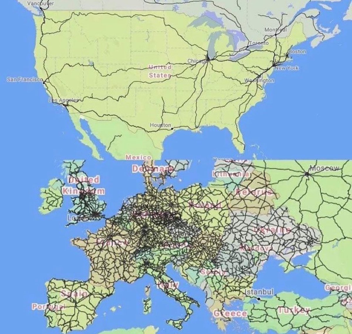 Passenger train lines in the USA vs Europe