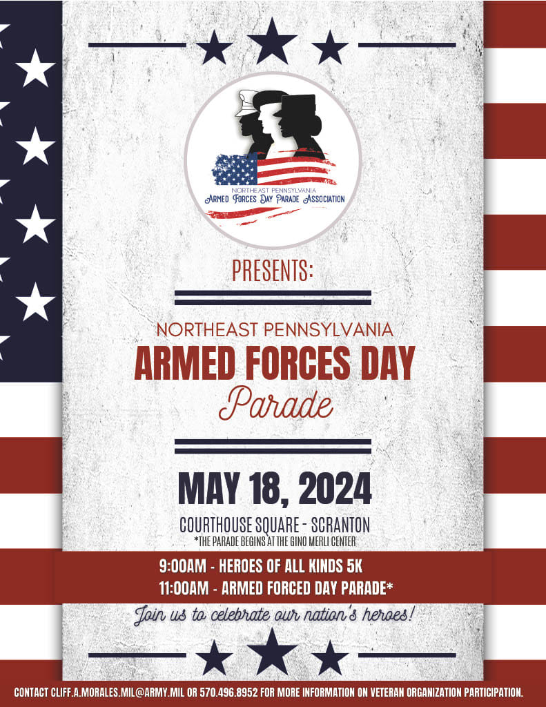 SATURDAY! The NEPA Armed Forces Day parade steps off at 11 a.m. from the Gino J. Merli Veterans Center, 401 Penn Ave., Scranton. The Heroes of All Kinds 5K Run/Walk will be held at 9 a.m. Proceeds benefit local veterans and first responders.
#lackawannacountypa
#ArmedForcesDay