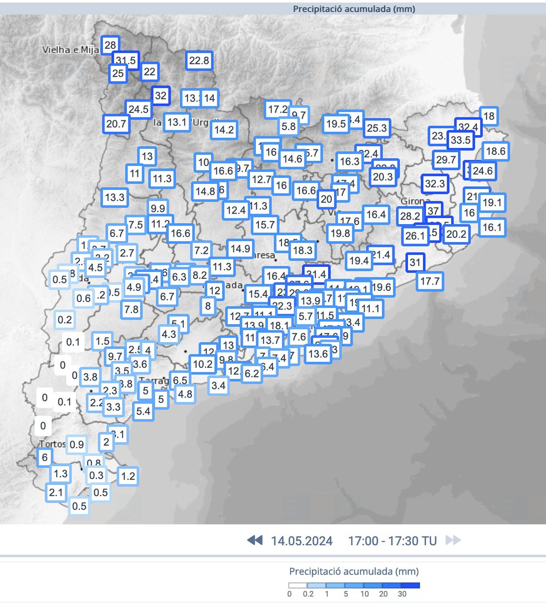 Bona regada avui, fins a 40 l a Vilobí d'Onyar, diversos 30 cap amunt i regada força general exceptuant extrem més sud CAT. Setmana que continuarem sumant. #meteo