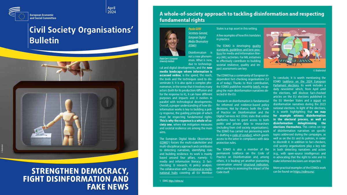A proper understanding of how #disinformation works is key to building a policy response, the guiding principle of which must be respecting fundamental rights! CSOs play a key role in advocating that the #RightToVote is respected! Read @goripaula, p. 4👉 europa.eu/!wKWyd8