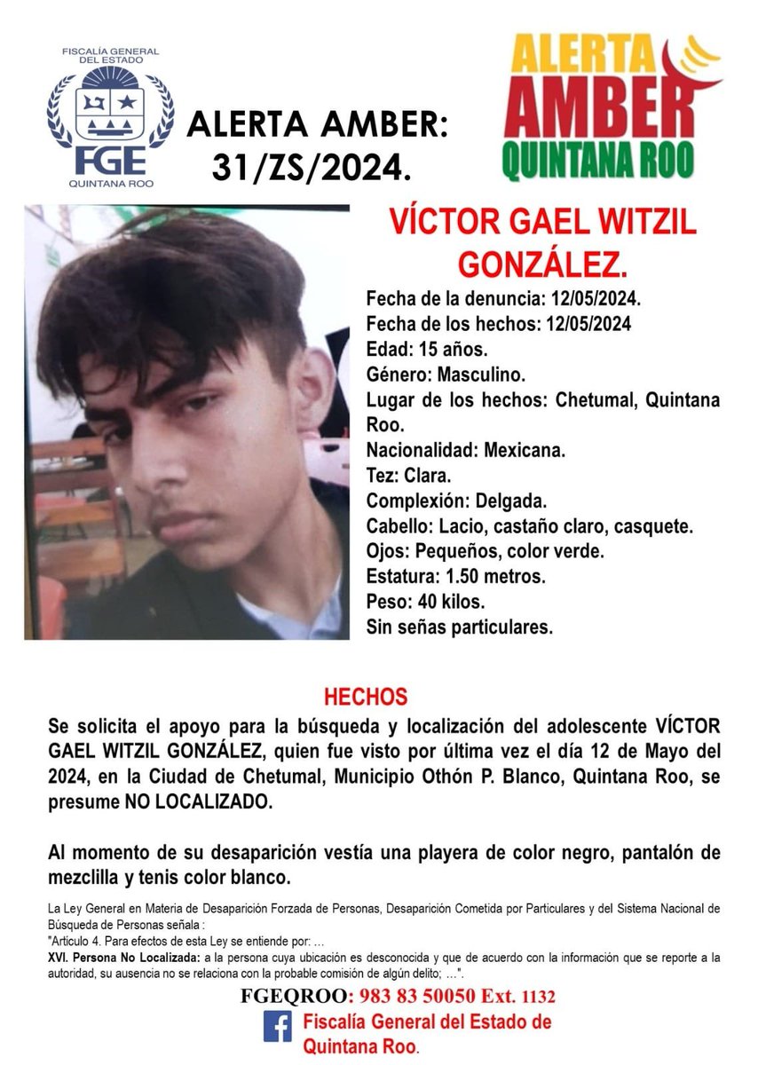 #Cancún / La Fiscalía General del Estado de Quintana Roo activa la #AlertaAmber para la búsqueda del joven Víctor González.

#SiempreOriginal #MantenteOriginal #Cancún #Cancún´#NoticiasdeHoy #NoticiasLocales #QuintanaRoo