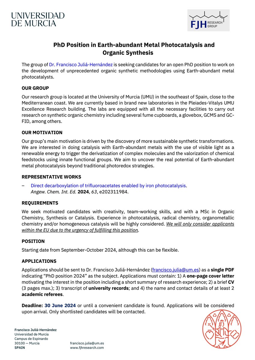 FJH Research Group (@fjhgroup) on Twitter photo 🚨WE ARE HIRING🚨
We are looking for candidates for an open PhD position to join our group <a href="/UMU/">Universidad Murcia</a> to work on Earth-abundant metal photocatalysis and organic synthesis 🧪☀️⏰ Deadline 30 June. Pls RT #RealTimeChem 🚨WE ARE HIRING🚨
We are looking for candidates for an open PhD position to join our group <a href="/UMU/">Universidad Murcia</a> to work on Earth-abundant metal photocatalysis and organic synthesis 🧪☀️⏰ Deadline 30 June. Pls RT #RealTimeChem