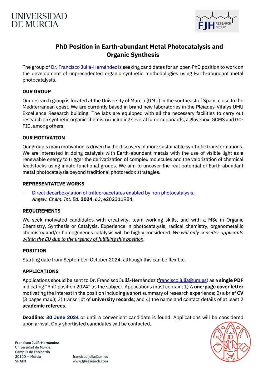 🚨WE ARE HIRING🚨
We are looking for candidates for an open PhD position to join our group @UMU to work on Earth-abundant metal photocatalysis and organic synthesis 🧪☀️⏰ Deadline 30 June. Pls RT #RealTimeChem