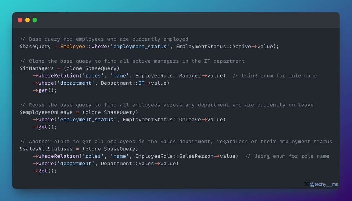 🔁 Master complex data queries effortlessly with Laravel's clone method! Create a base query, clone it, and add different conditions without altering the original. Keep your code clean and efficient. 
#PHP #Laravel  #LaravelTips