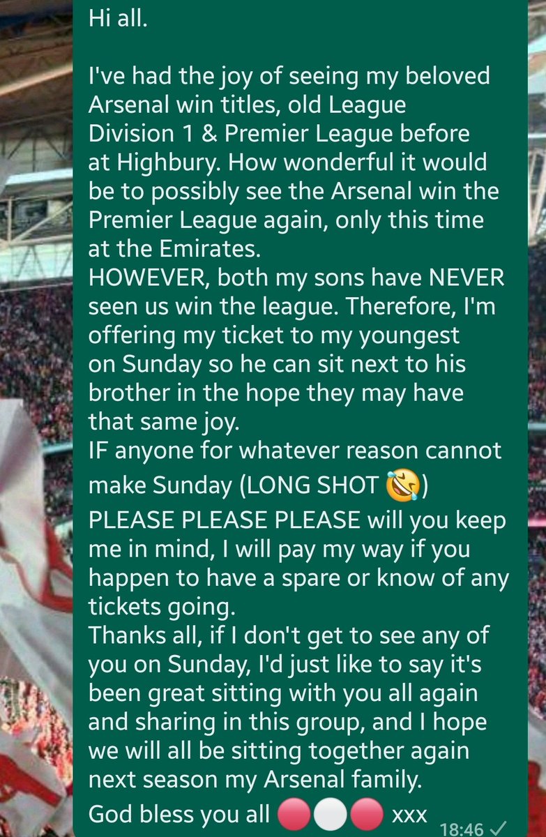 My old man sent a group chat message yesterday that exactly outlines the kind of bloke he is. Happily handed his ticket for Sunday to my younger brother @rdjw1998 without wanting a penny - please keep him in mind for any spares you know or hear of floating about for Sunday 🤝🏻❤️