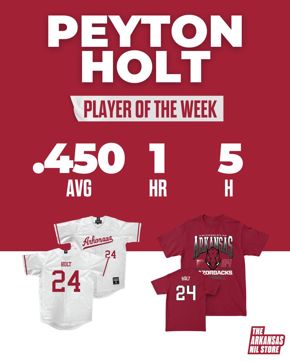 A great weekend from Peyton Holt to help the Razorbacks overcome #14 Mississippi State! Shop his merch! #playeroftheweek #woopig 

Shop: arkansas.nil.store/collections/pe…
