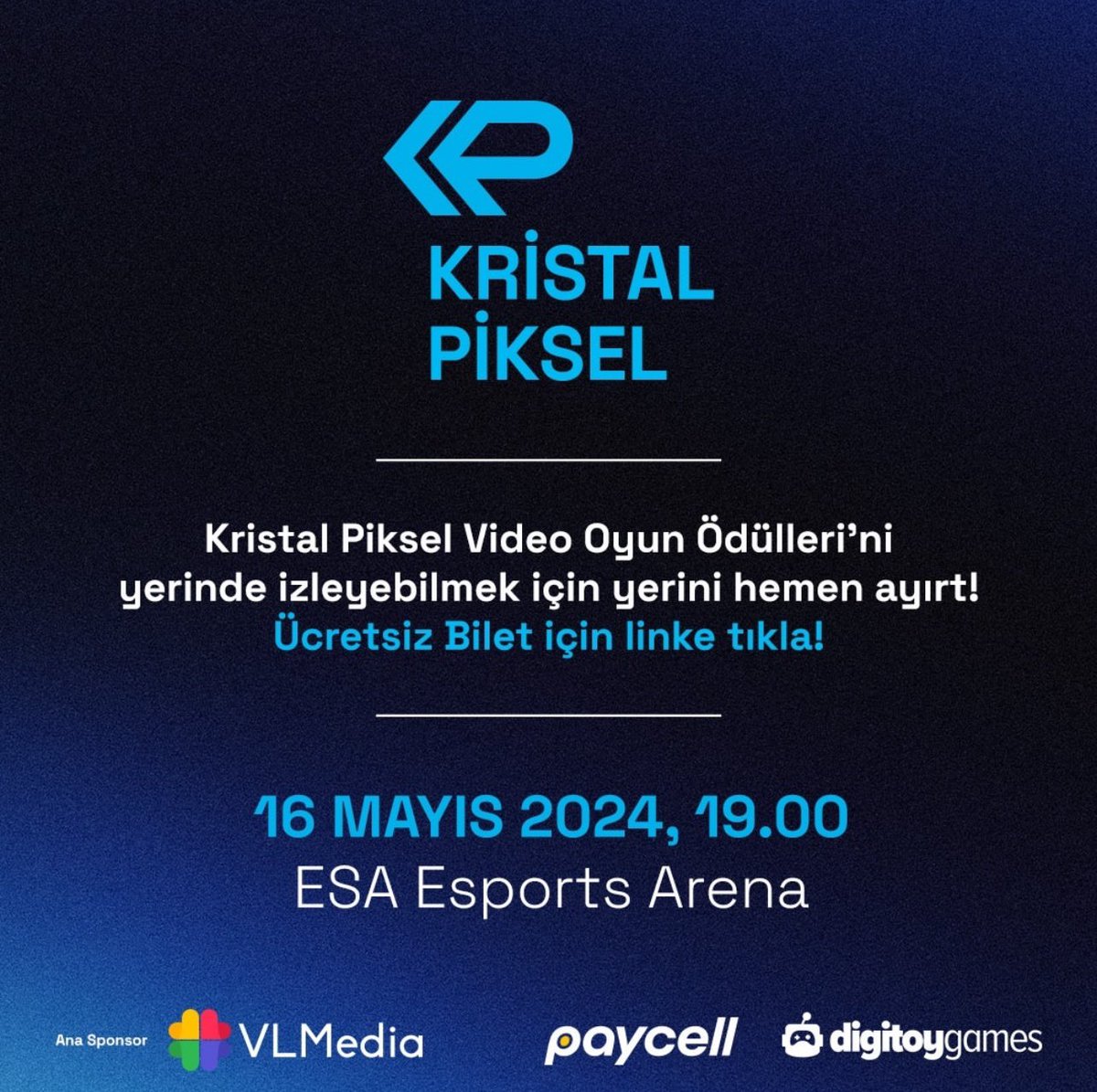 Kristal Piksel'i yerinde izlemek için tek yapman gereken Bio'daki linke tıklamak! . Ücretsiz biletini ayırt, 16 Mayıs'ta ESA Esports Arena'da ödül heyecanına ortak ol. . #KristalPiksel #KristalPikselVideoOyunÖdülleri