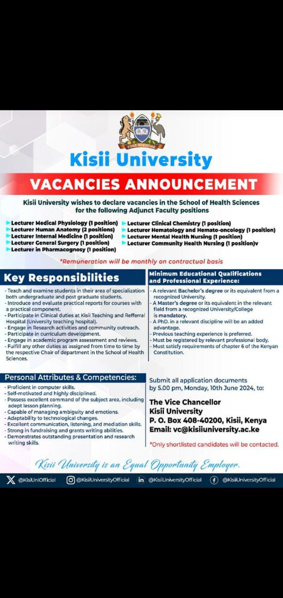 🌟  JOBS ALERT!!!!!!!!! 🌟 Kisii University's School of Health Sciences is looking for adjunct faculty members to join their team. Check out the poster for details! #Vacancies #HealthSciences #AdjunctFaculty #Opportunity #Career #KisiiUniversity #jobseekerskenya