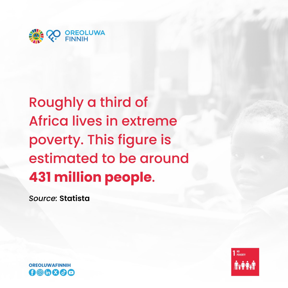 Oreoluwa_Finnih's tweet photo. With hundreds of millions of people in Africa living off less than $1.25 a day, poverty is not just a statistic, it is a harsh reality. This is why the first Sustainable Development Goal focuses on eradicating extreme poverty in all its forms by 2030.

The magnitude of this challenge is a pointer to how much needs to be done to achieve this target. There is a crucial need for major stakeholders, that is, governments, NGOs, NPOs, private organizations and even individuals to work together to ensure that all men and women, in particular the poor and the vulnerable, have equal rights to economic resources, as well as access to basic services.

What do you think can be done towards eradicating poverty in our society?

#SDG1 #EndPoverty #GlobalGoals #PartnershipForTheGoals #OreoluwaFinnih