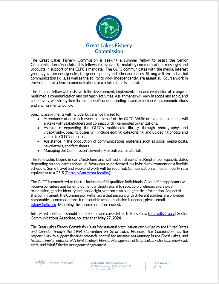 LampreyControl's tweet photo. 🌊🌟 Summer Opportunity Alert! 🌟🌊 The GLFC seeks a summer fellow to assist with communications and outreach! Gain hands-on experience, work flexibly, travel, and make a difference. Apply by May 27! 🌍 Email resume & cover letter to rshaw@glfc.org. #GreatLakes #GLFC https://t.co/CIraDe1i1G