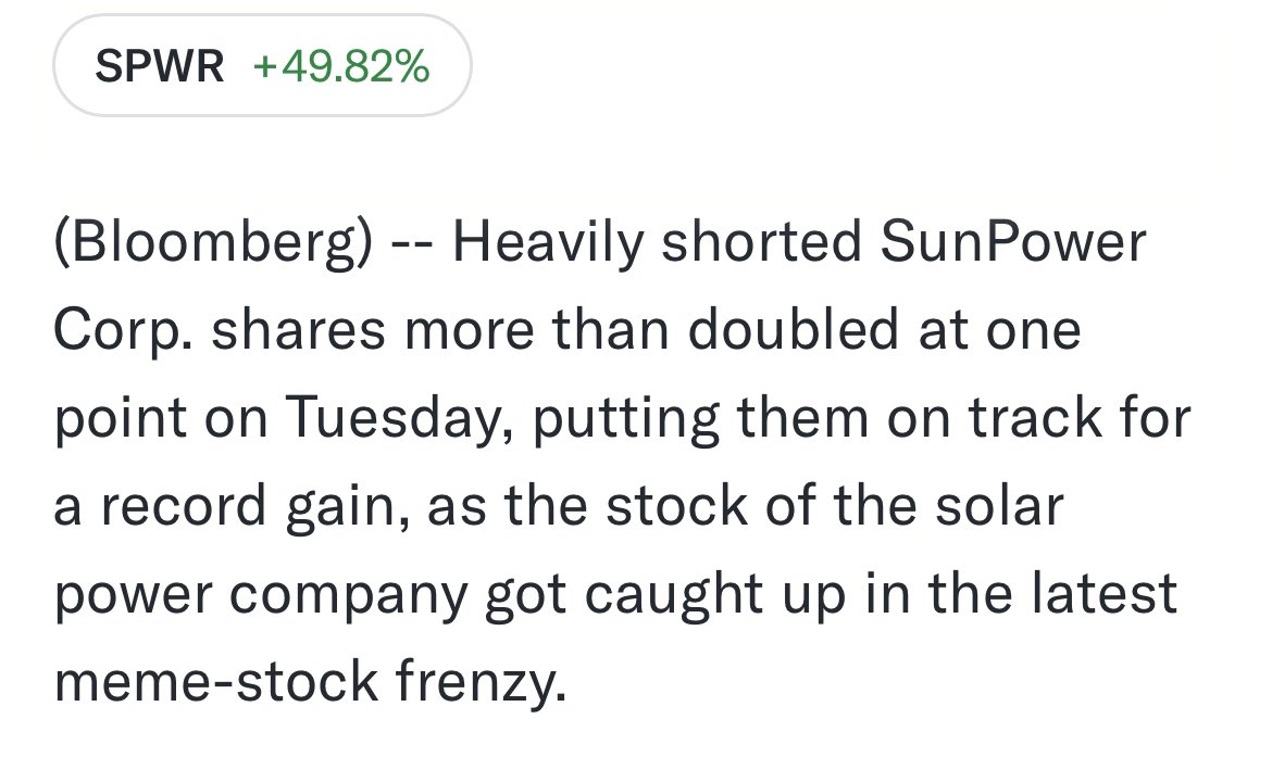 The exact same thing that happened to Gamestop and AMC (institutions shorting and getting fucked by the people) is happening to a solar energy company called SunPower.

Up 50% today and is fucking the hedge funds, now understand how this will translate to memecoins. $SWPR