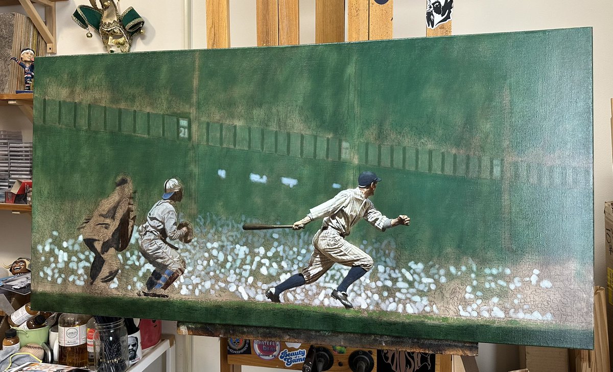 #OTD in 1899, Earle Combs was born in Pebworth, KY. The first great centerfielder for the Yankees, his inside-out swing served him well in the leadoff spot with four pennant winning clubs. Here’s an in-progress painting of him at Yankee Stadium in late September of 1928.