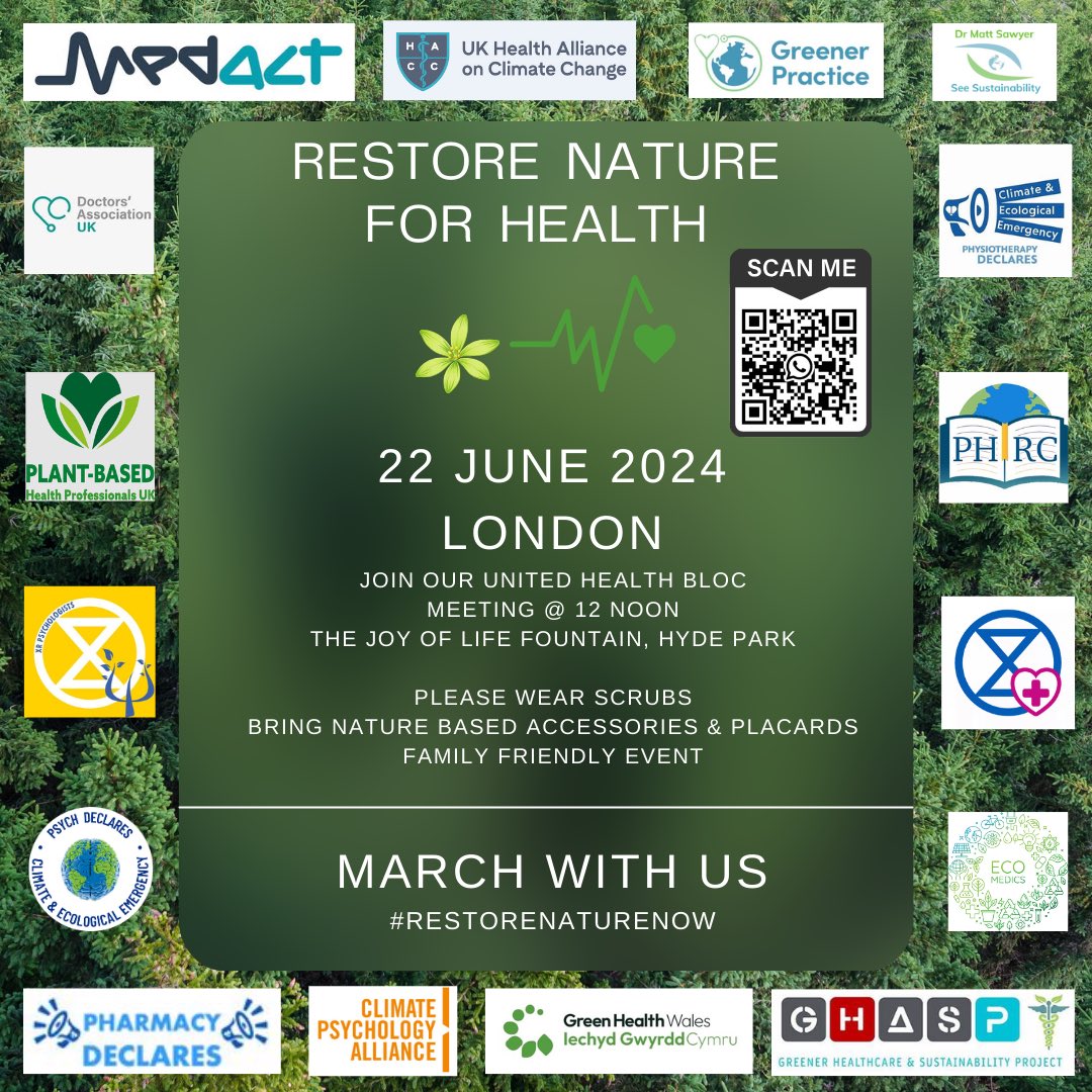 Are you a health professional? Join our health bloc at the #RestoreNatureNow march @RNNMarch Health groups are uniting to demand we restore nature to protect health. Want to come along as part of the bloc? Join the whatsapp group for updates chat.whatsapp.com/CaMOZRKeDzND1t… 🌱🌍 💚