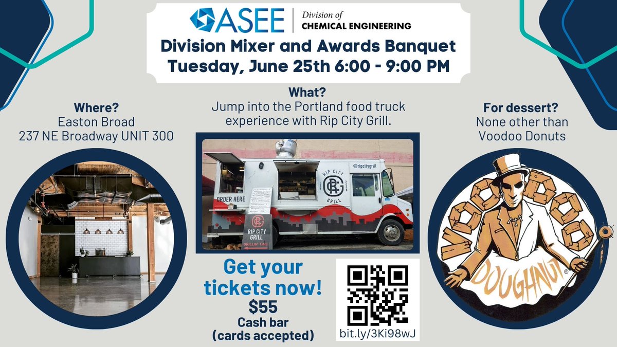 For those attending ASEE in Portland: We are excited to have finalized plans for the Chemical Engineering Division Banquet. We look forward to bringing everyone together for networking and celebration of the award winners across our community. Tickets: bit.ly/3Ki98wJ