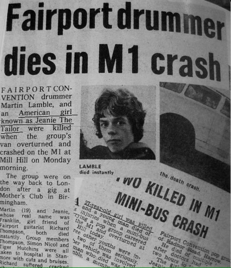 May14,1969 #MartinLamble drummer for Fairport Convention dies at 19. The groups van overturned and crashed on the M1 at Mill Hill. They were returning from a gig at Mother's Club in Birmingham. Jeanie Franklin girlfriend of guitarist Richard Thompson also dies