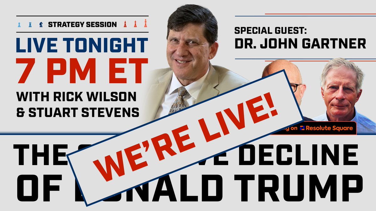 We're LIVE! join us right now to take a deep dive into what's behind Trump's rapid cognitive decline. @duty2warn founder and renowned psychologist Dr. John Gartner joins @TheRickWilson & @stuartpstevens . Watch & join the live chat! live.resolutesquare.com/show/1eNYFSuuv…