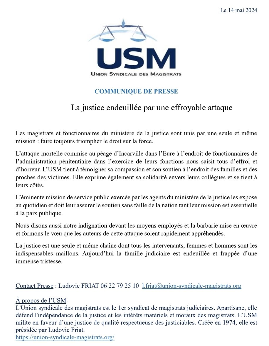 La justice endeuillée par une effroyable attaque. 

Nous exprimons compassion et soutien envers les familles et proches des victimes, solidarité avec tous leurs collègues. 
Toute la famille judiciaire est endeuillée et frappée d'une immense tristesse...