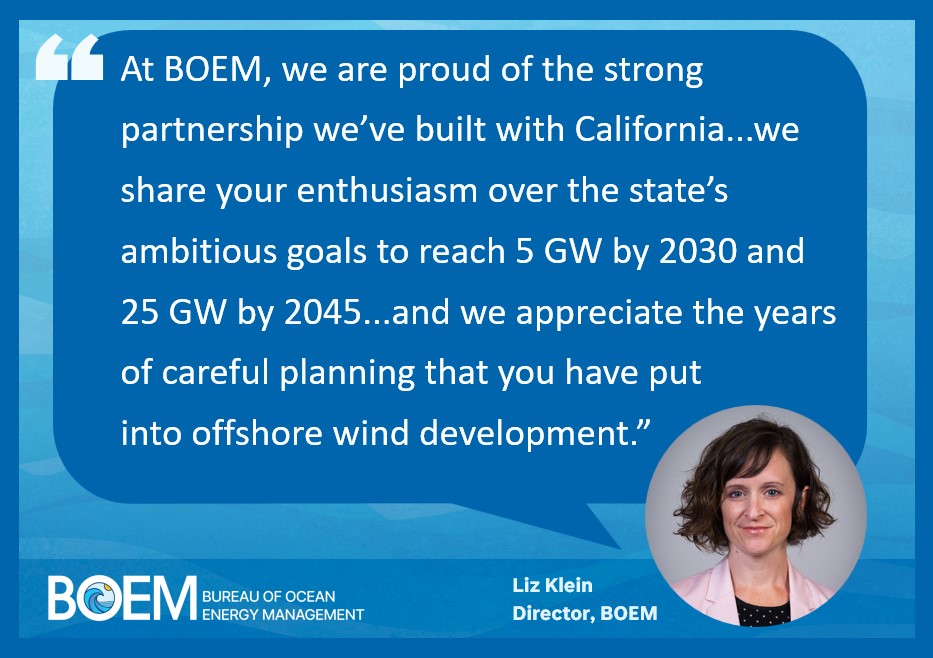 BOEM Director Liz Klein joined the @offshorewindca #PacificOffshoreWindSummit today to outline advances in Pacific offshore wind planning, leasing and potential development activities.