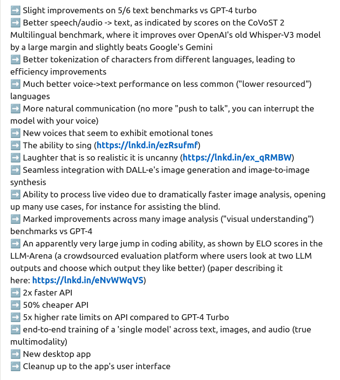 After reviewing the videos & materials on OpenAI's website, I admit my initial assessment of #GPT4o was kinda off. I actually think there's something to the idea that OpenAI somewhat downplayed things to avoid future shock (the movie 'Her' is here). list below from my LinkedIN:
