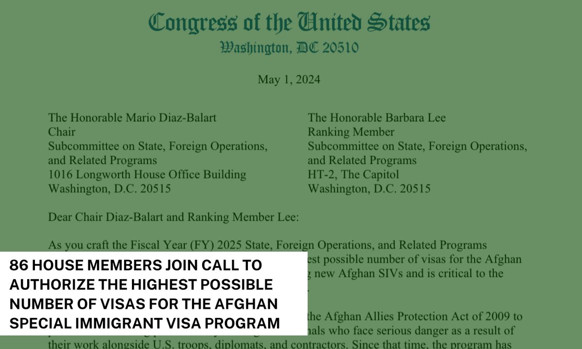 We’re thrilled to share that 86 members of the House of Representatives, led by @repblumenauer, Rep. Nunn and @RepJasonCrow, have joined the call to authorize the highest possible number of visas for the Afghan Special Immigrant Visa (SIV) Program in upcoming legislation.