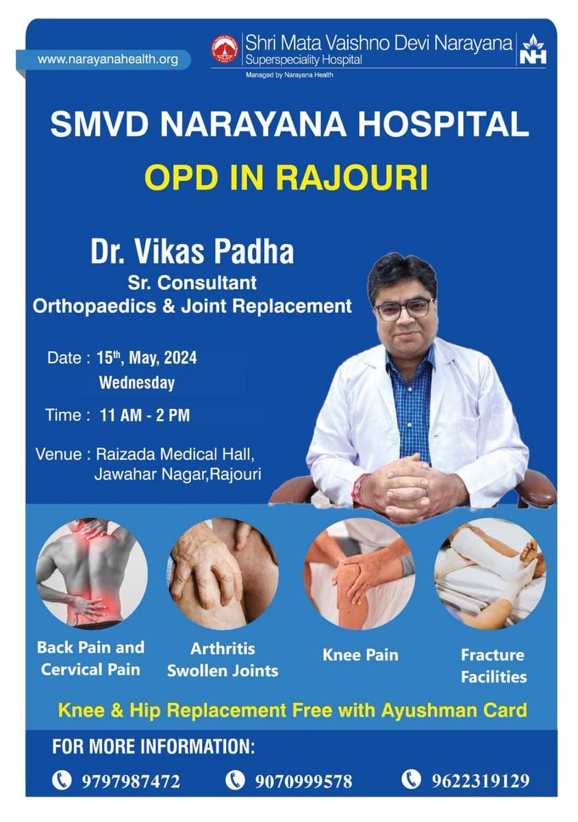 #MonthlyOPD of #OrthopaedicsAndJointReplacement tomorrow at #Rajouri . Venue : Raizada Medical Hall Jawahar Nagar Rajouri. Timing : 11 am onwards Please share with the needy 🙏🏻 #HealthcareAtDoorsteps