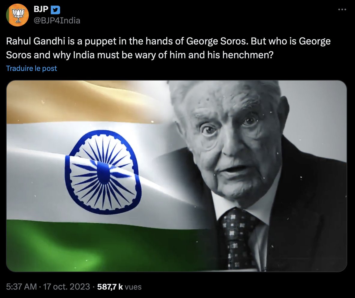 Voilà notre tout nouveau Complorama ! On vous invite à un voyage improbable dans l'Inde de Modi à l'heure des élections indiennes. Et je pense que vous serez surpris. Une illustration avec ce tweet du BJP (le parti de Modi) qui voit du Soros partout. 🎧francetvinfo.fr/replay-radio/c…