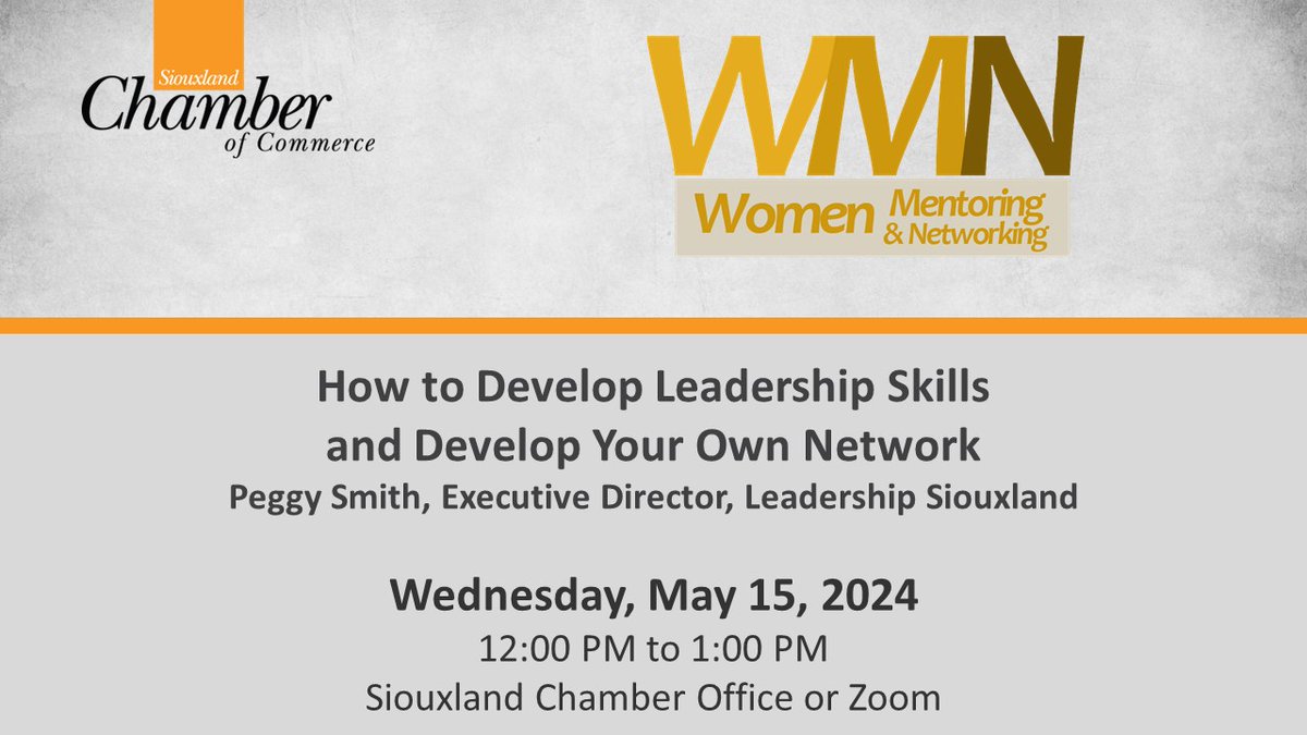 How do you develop leadership skills? How do you develop your own network? Join us for the next WMN, meet and network with other women in the business community, and hear from Leadership Siouxland Exec Dir Peggy Smith about the upcoming class, how to apply, & what's involved.
