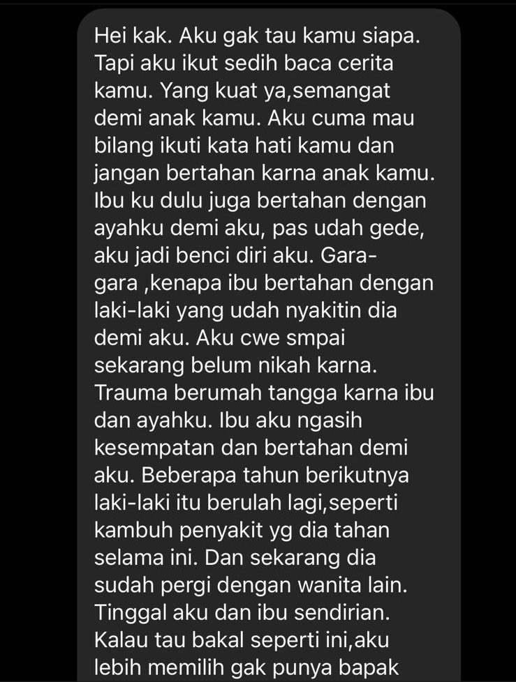 amndzahra's tweet photo. jujur mutusin buat cerai itu sama sekali bukan hal yang mudah, pertimbangannya banyak banget, dan setiap pasangan pasti berbeda.

tapi salah satu yang dulu membantu aku banget, begitu aku dapet perspektif dari sisi anak kayak gini, aku langsung yakin seyakin-yakinnya… https://t.co/EEz2chrrVr