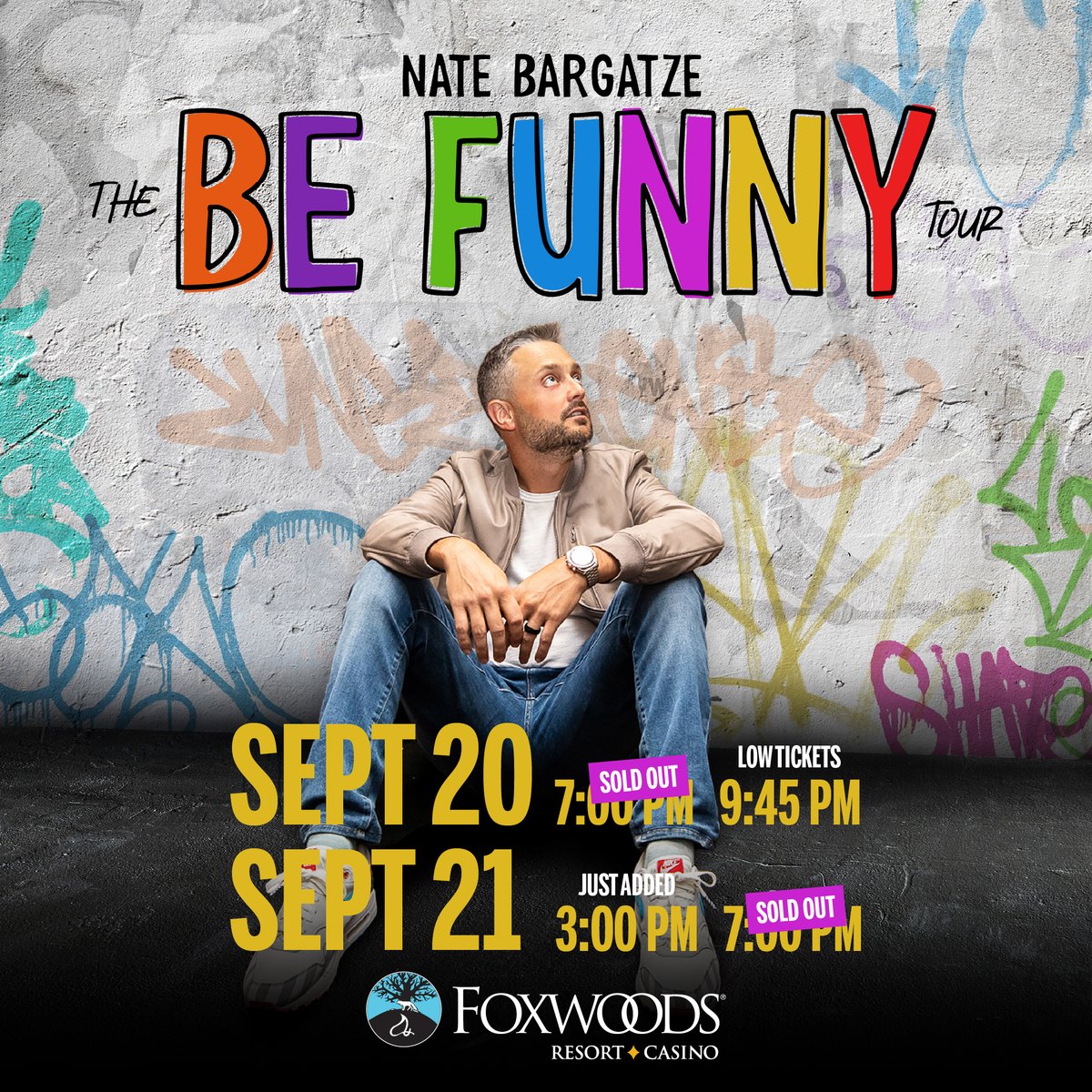 Just added a 4th show @FoxwoodsCT! Presale starts tomorrow at 10am using the code FUNNY NateBargatze.com/tour for tickets!