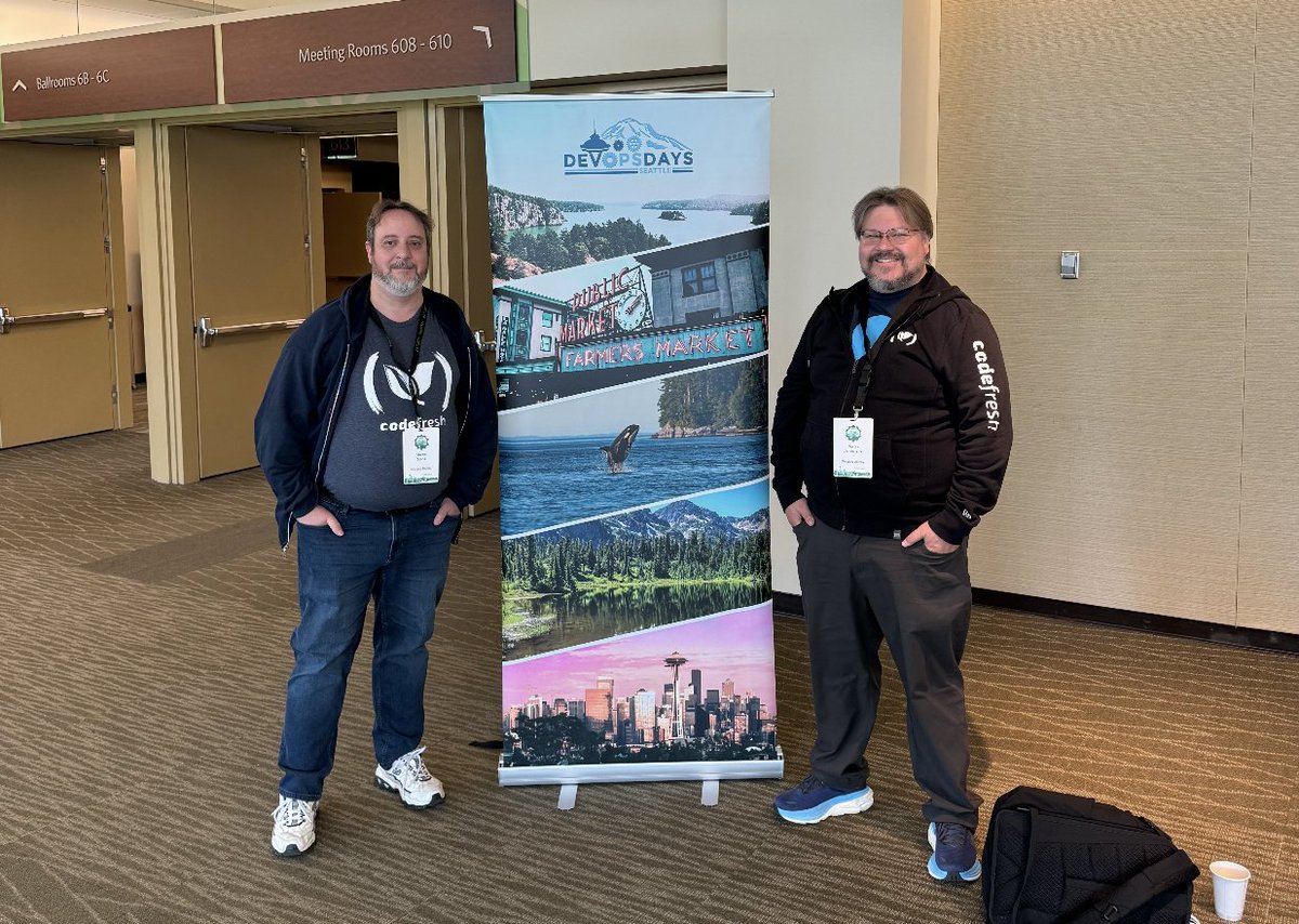 We made it #DevOpsDays Seattle! If you're here, find Dustin and Shawn to talk all things Octopus and @codefresh. They miightttttt have some swag vouchers and GitOps Certification discount codes to give away 👀 Also - find our QR scan on the shared sponsorship table to enter