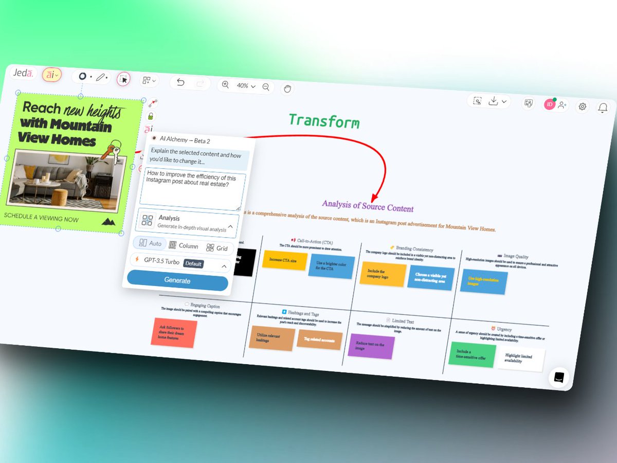 #PromptOfTheDay 👩‍🎨 Upload & run Analysis Alchemy on your Instagram post image with this prompt - 'How to improve the efficiency of this Instagram post about real estate?'

👉 Try today at jeda.ai/generative-ai-…

#JedaAI #GenerativeAI #Vision #VisualPrompt #AIArt #DesignFeedback