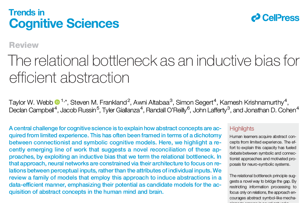 The relational bottleneck as an inductive bias for efficient abstraction Review by T. Webb (@TaylorWWebb), S. Frankland, A. Altabaa (@Awni00), S. Segert, K. Krishnamurthy, D. Campbell, J. Russin, T. Giallanza, R. O’Reilly, J. Lafferty, & J. Cohen tinyurl.com/wy8kft6j