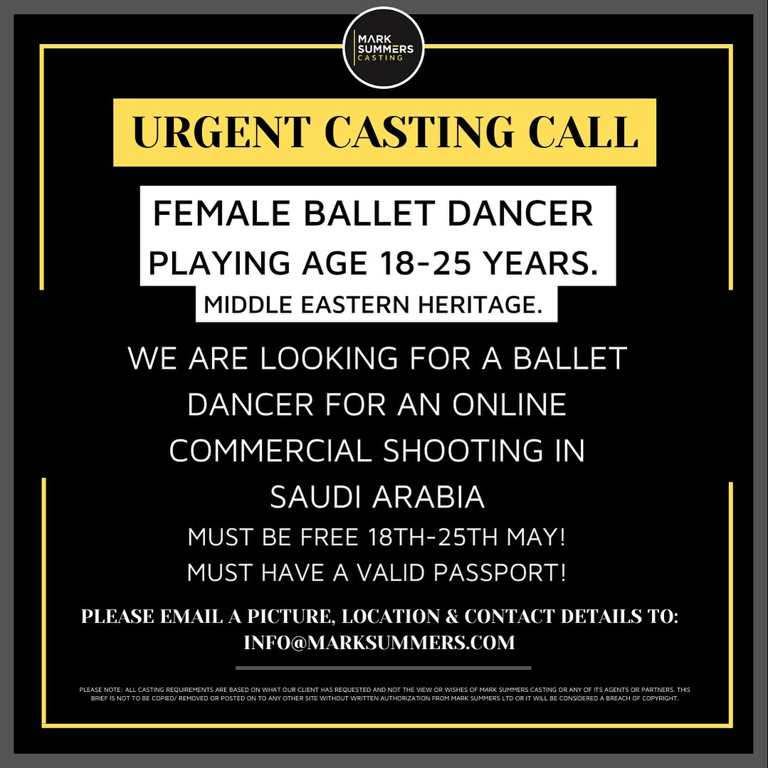 New #castingcall Commercial for the ME Playing age 18-25,experienced #Ballet Dancers.we would like to encourage suggestions of #Middleeastern, #Saudi, #Mediterranean, #Arabic heritages.Amazing pay for the booked dancer email photo mark@marksummers.com #marksummerscasting RT
