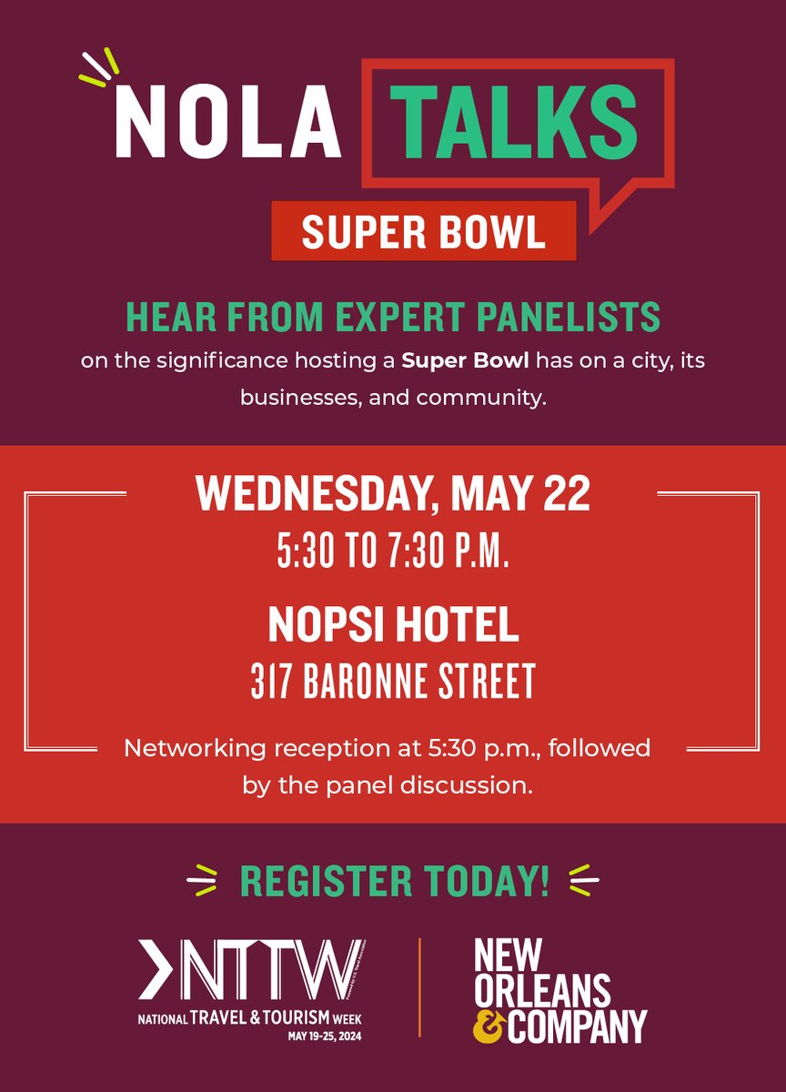 Join us for 'NOLA Talks' as we gear up for the Big Game! Hear from panelists from the @NOLASuperBowlHC as they dive into great discussions about the road to Game Day! 📅: May 22, 2024 📍: NOPSI Hotel, New Orleans 🕓: 5:30 p.m. - 7:30 p.m. Register Here: bit.ly/3ydGKJd