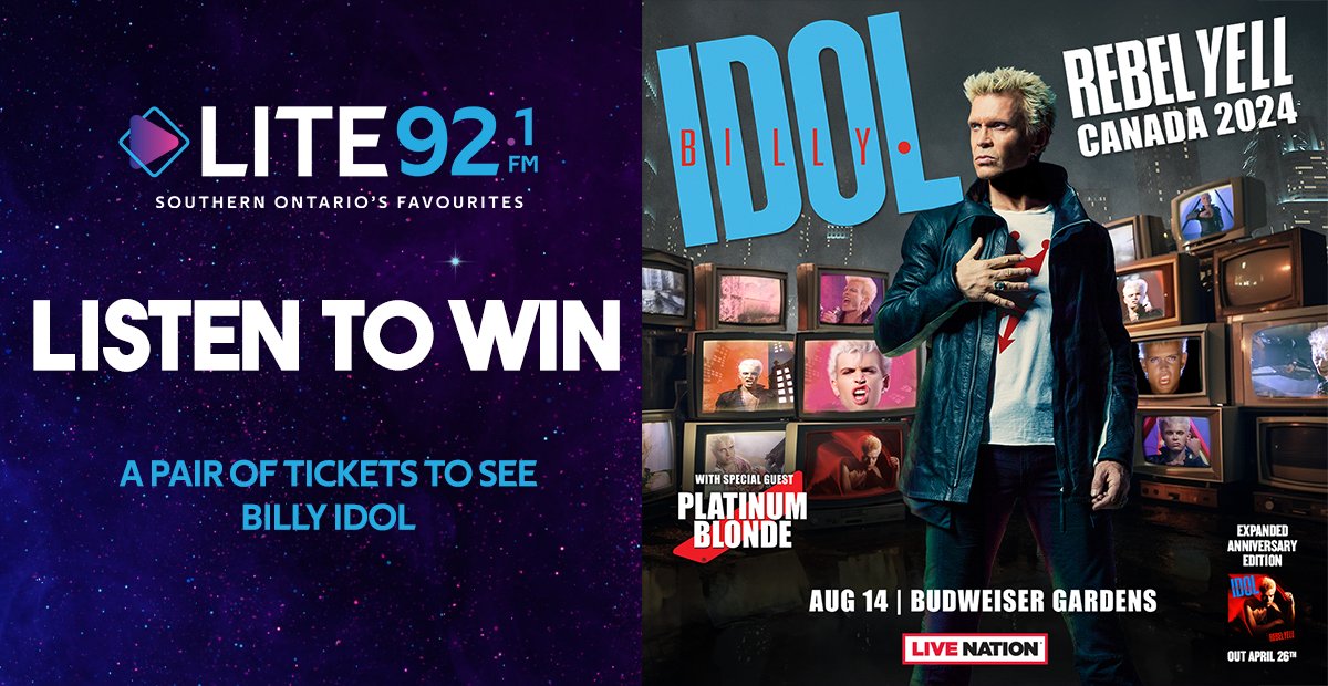 That's right! 

This Saturday, May 18th, listen to the #SaturdayNightParty on @Lite92FM for your chance to WIN tickets to see #BillyIdol at @BudGardens in London 🇨🇦! 🎤🎶🎸

Learn more: lite92.ca