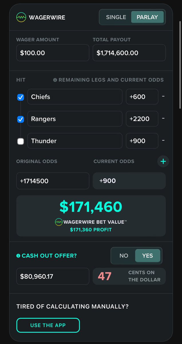 @br_betting @Ascended85 @DKSportsbook 47 Cents on the dollar 😔🤦🤦 Track your other bets at wagerwire.com/calculator
