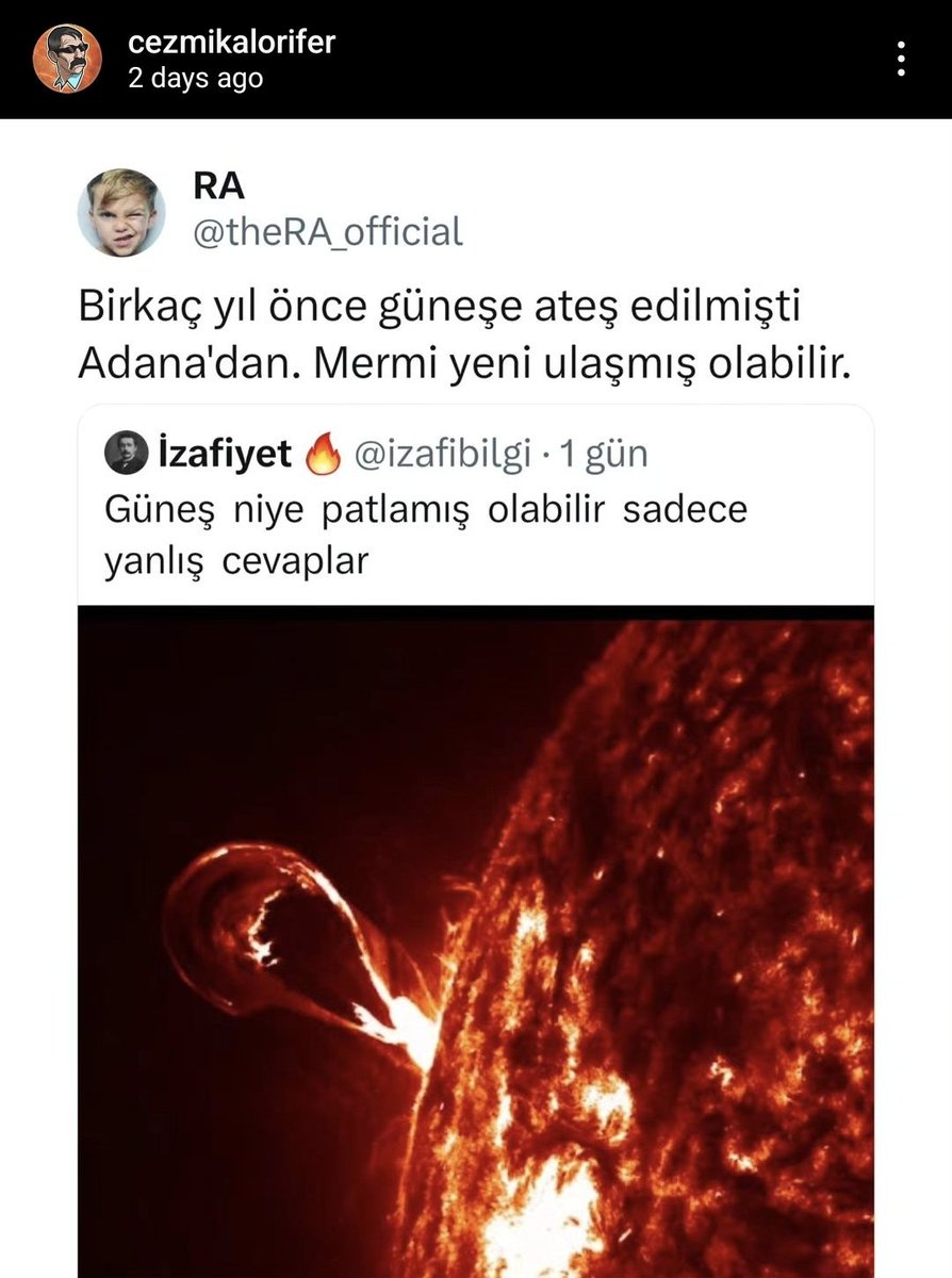 Düz dünyacı olarak güneş patlaması şeysi hakkında gayrıciddi bir paylaşım yapayım da bir sonraki bilimsel paylaşımımı itibarsızlaştıracaklara malzeme olsun 🥲